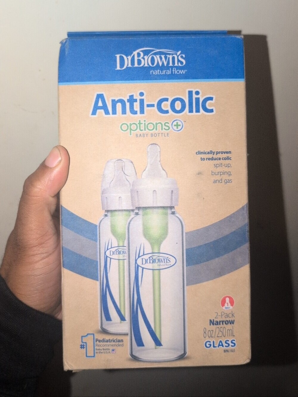 Dr. Brown's Anti-Colic Options+ Glass Baby Bottles - Blue & Green 2pk NIB